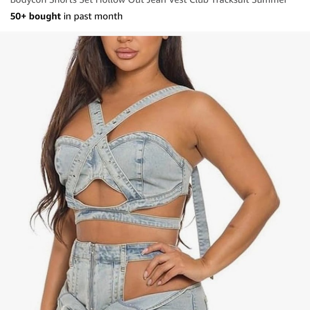 Stylish Denim Cutout Top and Shorts Set